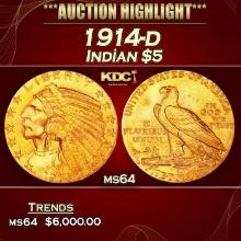 1914-d Gold Indian Half Eagle $5 ms64 USCG