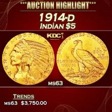 1914-d Gold Indian Half Eagle $5 ms63 USCG