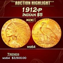 1912-p Gold Indian Half Eagle $5 ms64 USCG