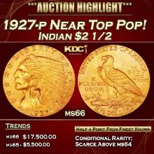 1927-p Gold Indian Quarter Eagle Near Top Pop! $2 1/2 ms66 USCG
