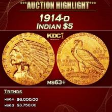 1914-d Gold Indian Half Eagle $5 ms63+ USCG