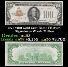 1928 $100 Gold Certificate FR-2405 Signatures Woods/Mellon Grades Select AU