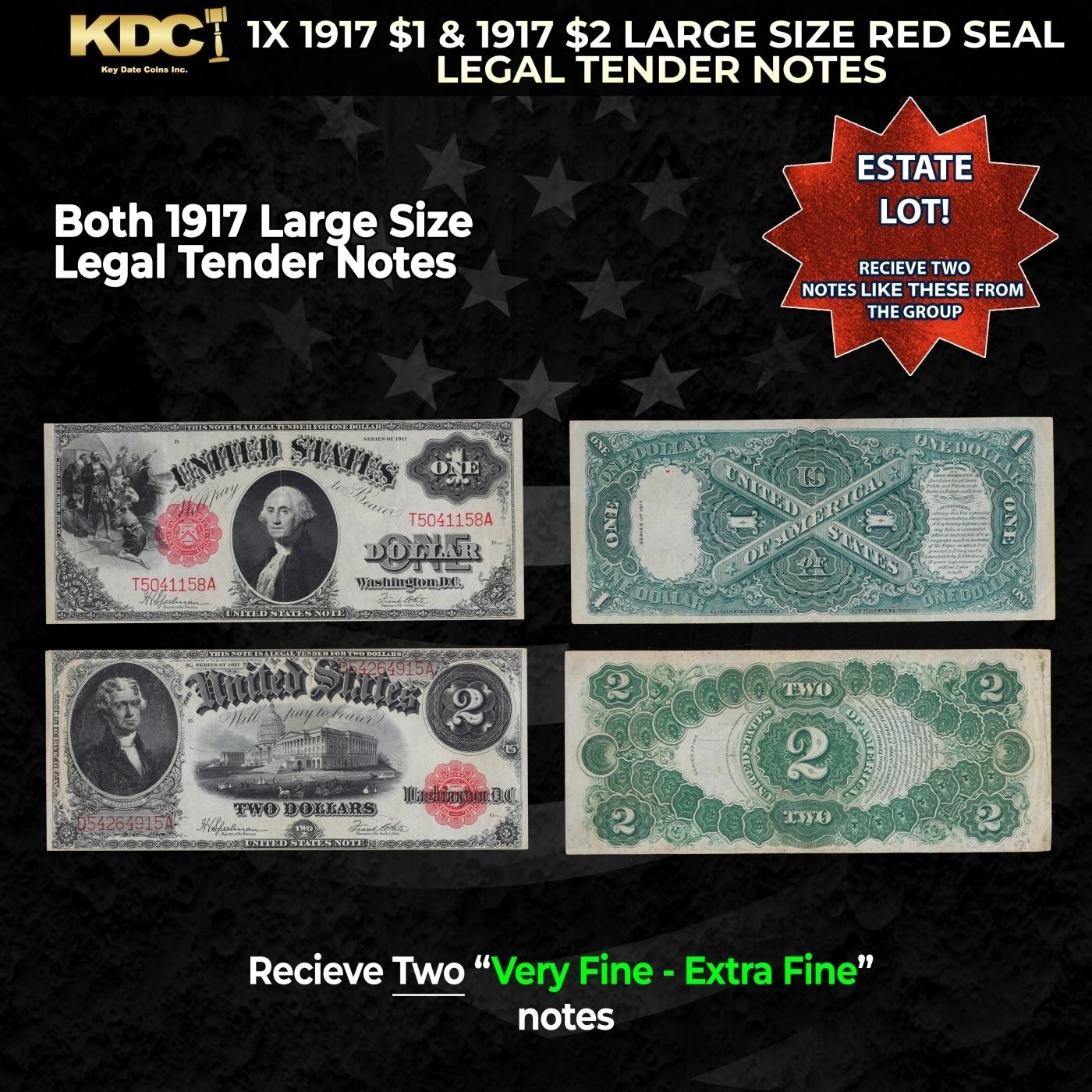 1x 1917 $1 & 1917 $2 Large Size Red Seal Legal Tender Notes Grades VF/XF