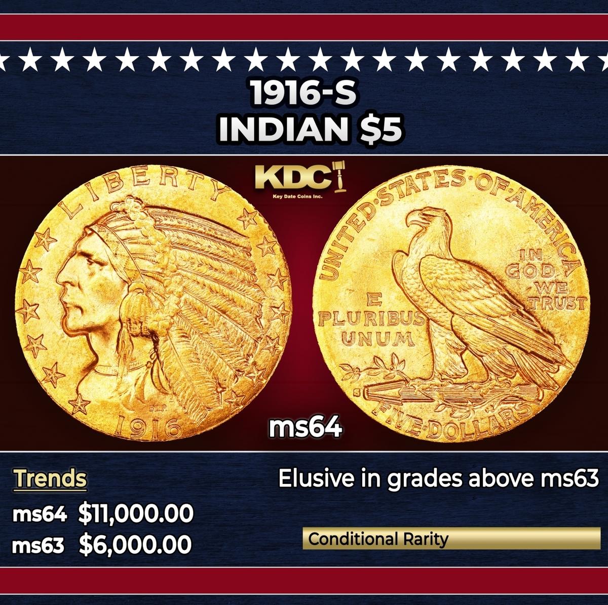 1916-s Gold Indian Half Eagle $5 ms64 USCG