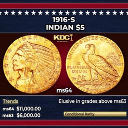 1916-s Gold Indian Half Eagle $5 ms64 USCG