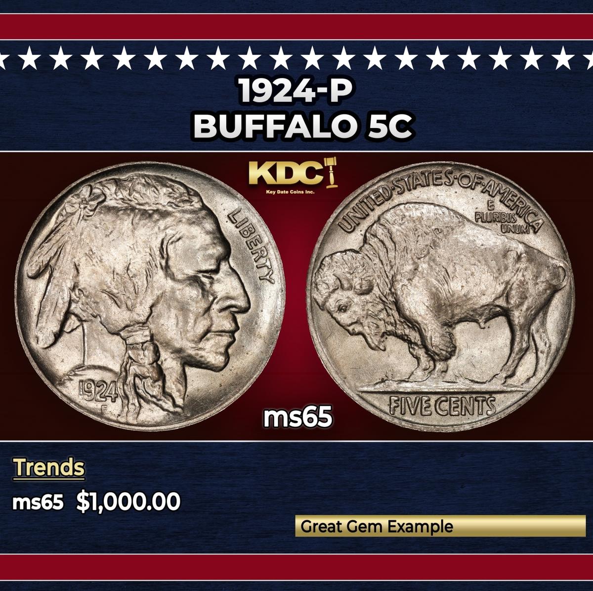 1924-p Buffalo Nickel 5c ms65 SEGS