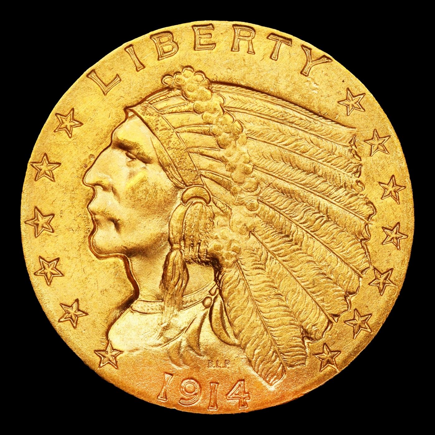1914-p Gold Indian Quarter Eagle Near Top Pop! $2 1/2 ms66 USCG