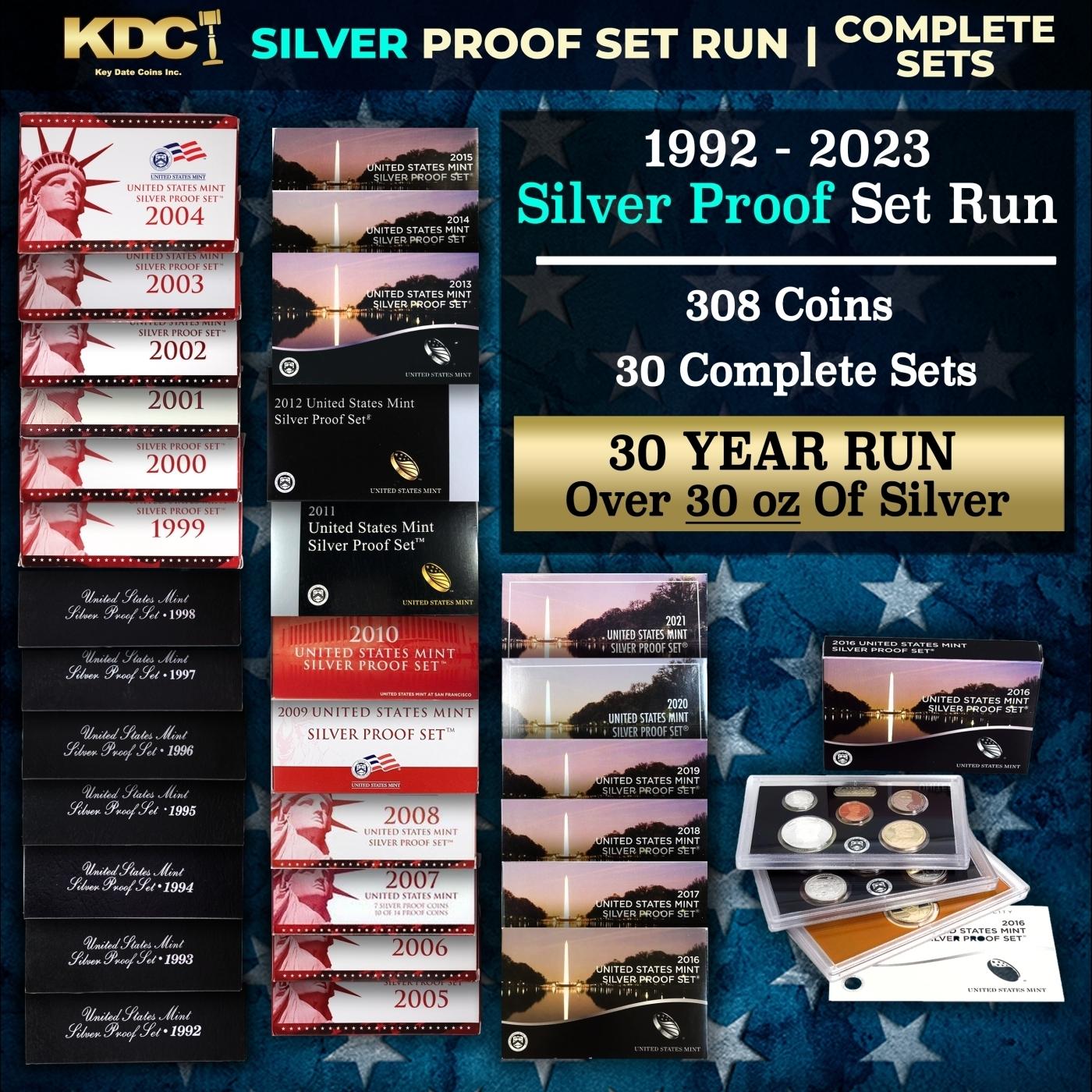 1992-2021 30 Years of US Mint SILVER Proof Sets, 308 Coins Total, 30 Complete Sets Over 30oz Of Silv