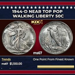 1944-d Walking Liberty Half Dollar Near Top Pop 50c ms67 SEGS