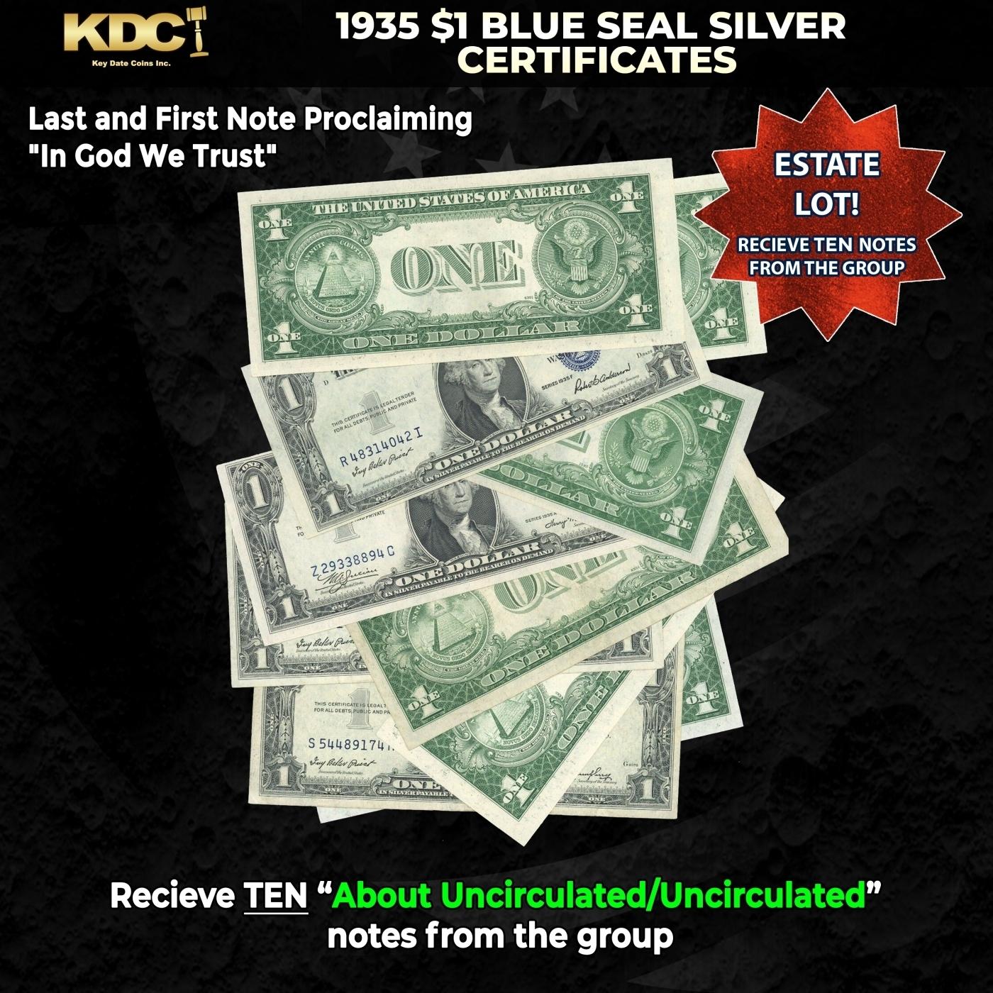 10x 1935 $1 Blue Seal Silver Certificates Grades AU/CU