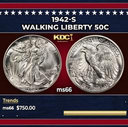 1942-s Walking Liberty Half Dollar 50c Grades ms66