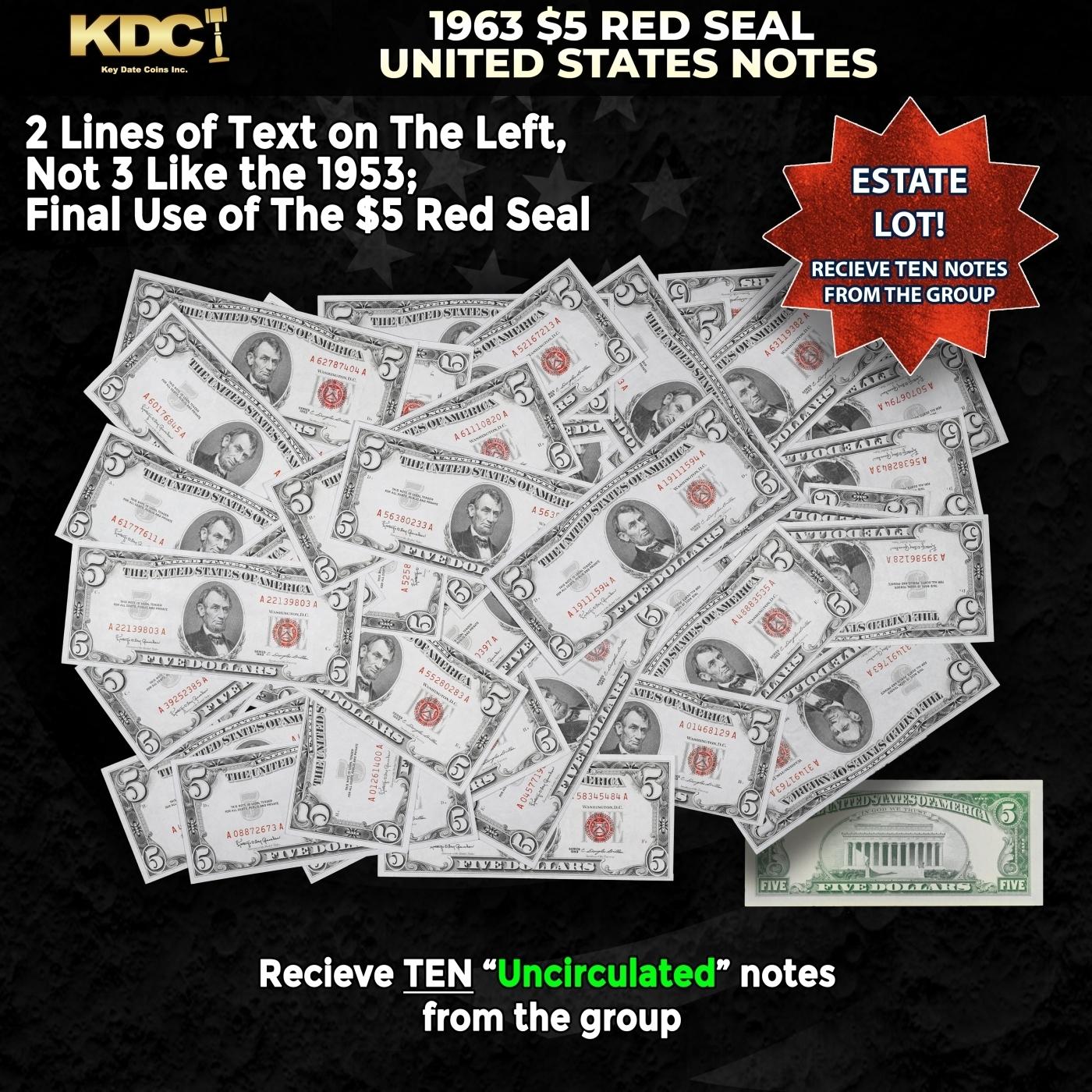 10x 1963 $5 Red Seal United States Note Grades CU