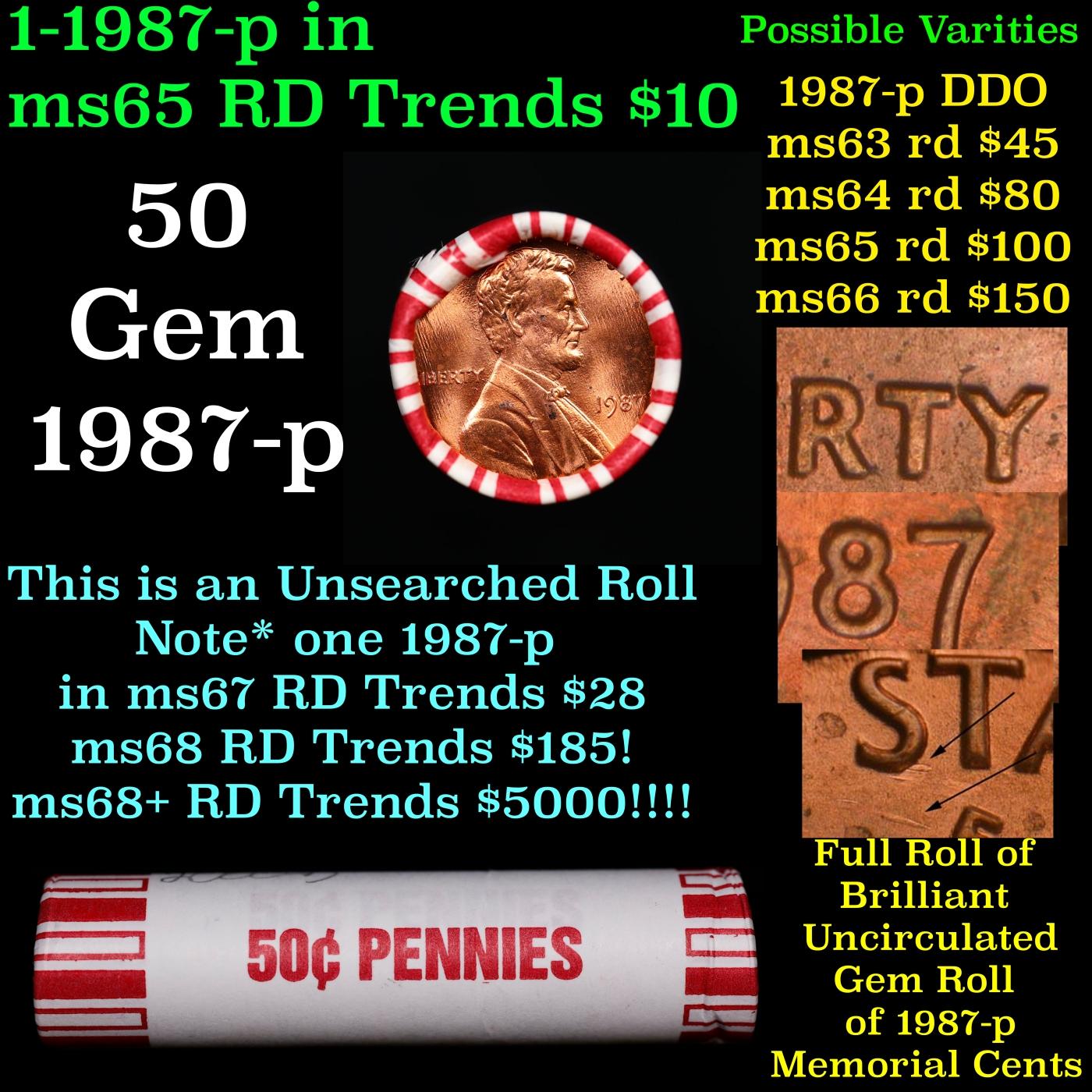 BU Shotgun Lincoln 1c roll, 1987-p 50 pcs Bank Wrapper 50c