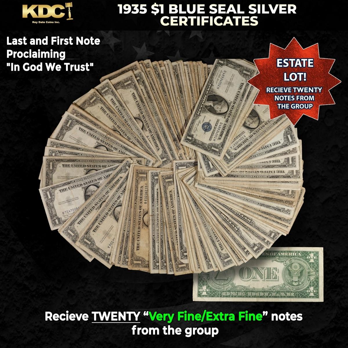 20x 1935 $1 Blue Seal Silver Certificates Grades VF/XF