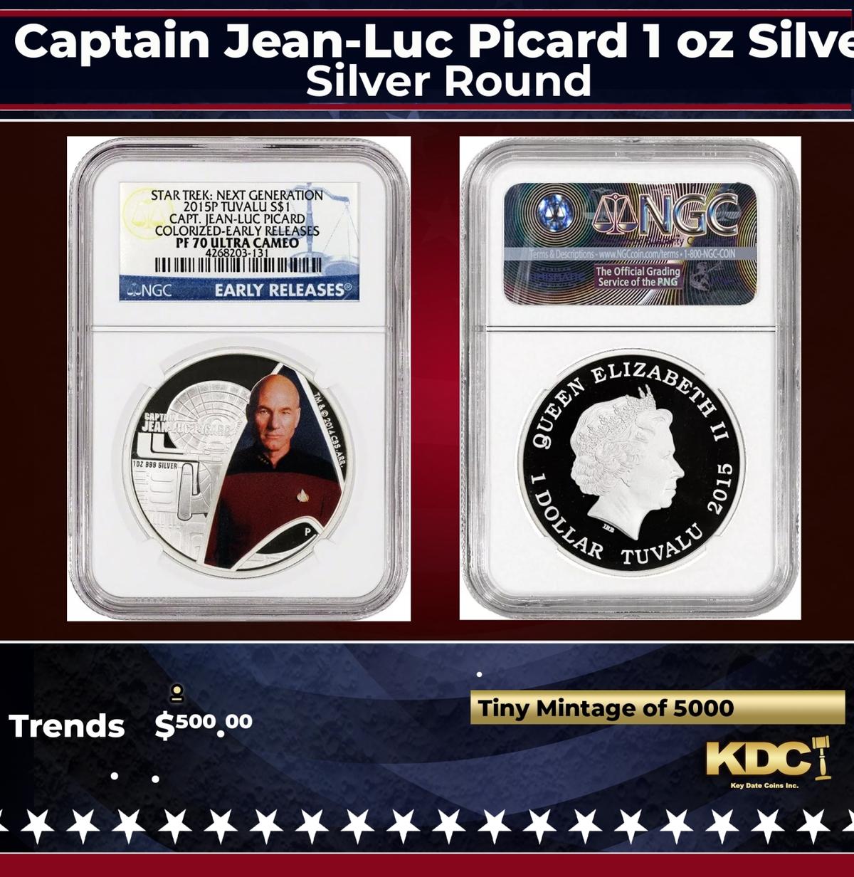 NGC NGC 2015-p Star Trek Captain Jean-Luc Picard 1 oz Silver $1 Australlian Tuvalu Proof pr70 dcam N