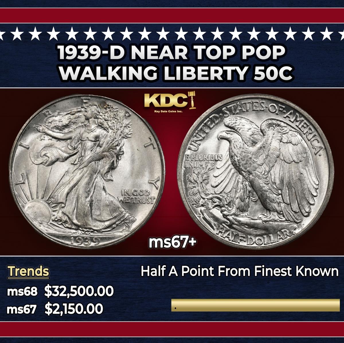 1939-d Walking Liberty Half Dollar Near Top Pop 50c ms67+ SEGS