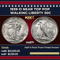 1939-d Walking Liberty Half Dollar Near Top Pop 50c ms67+ SEGS