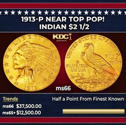 1913-p Gold Indian Quarter Eagle Near Top Pop! $2 1/2 ms66 USCG