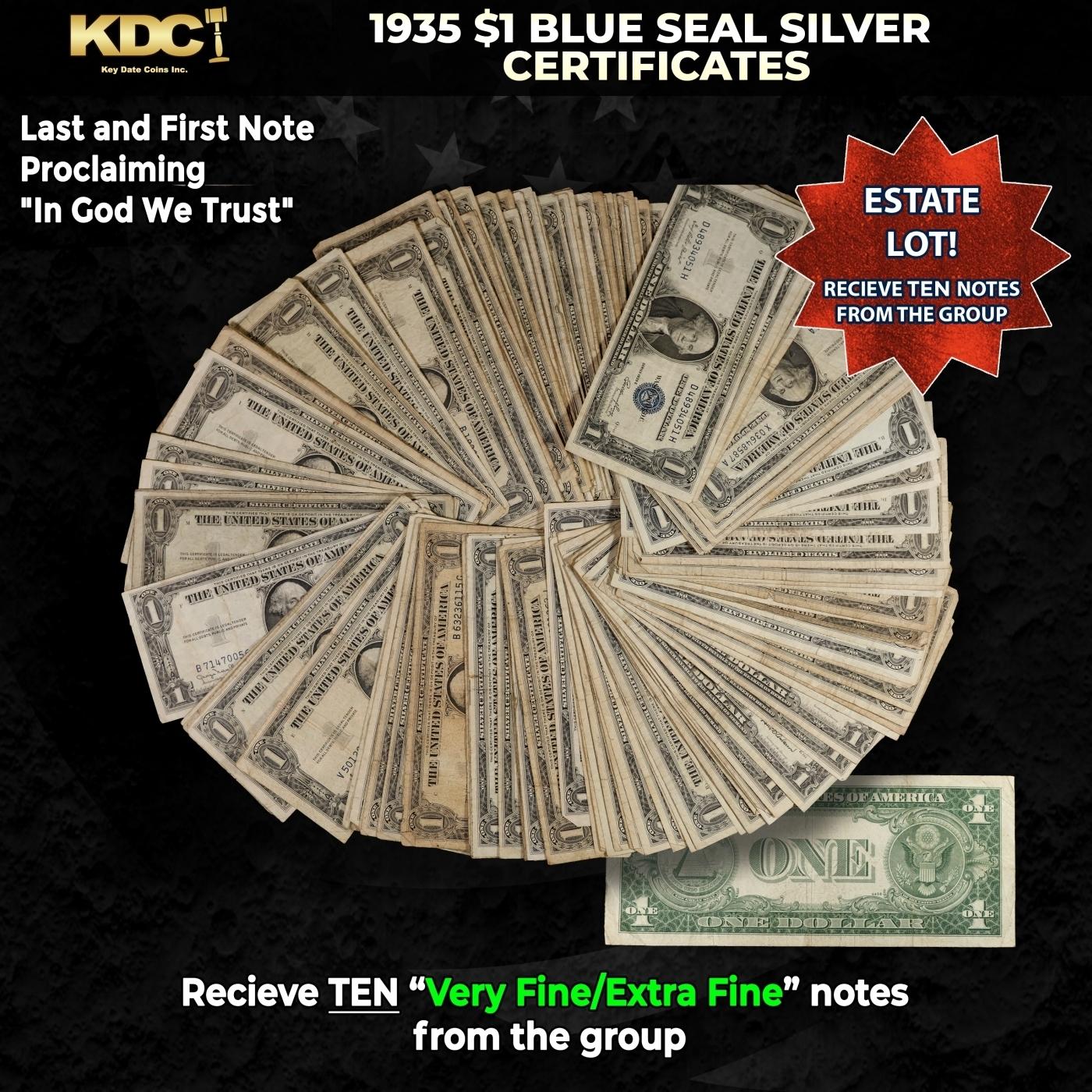 10x 1935 $1 Blue Seal Silver Certificates Grades VF/XF