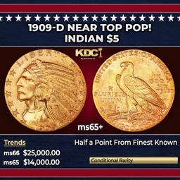 1909-d Gold Indian Half Eagle Near Top Pop! $5 ms65+ USCG