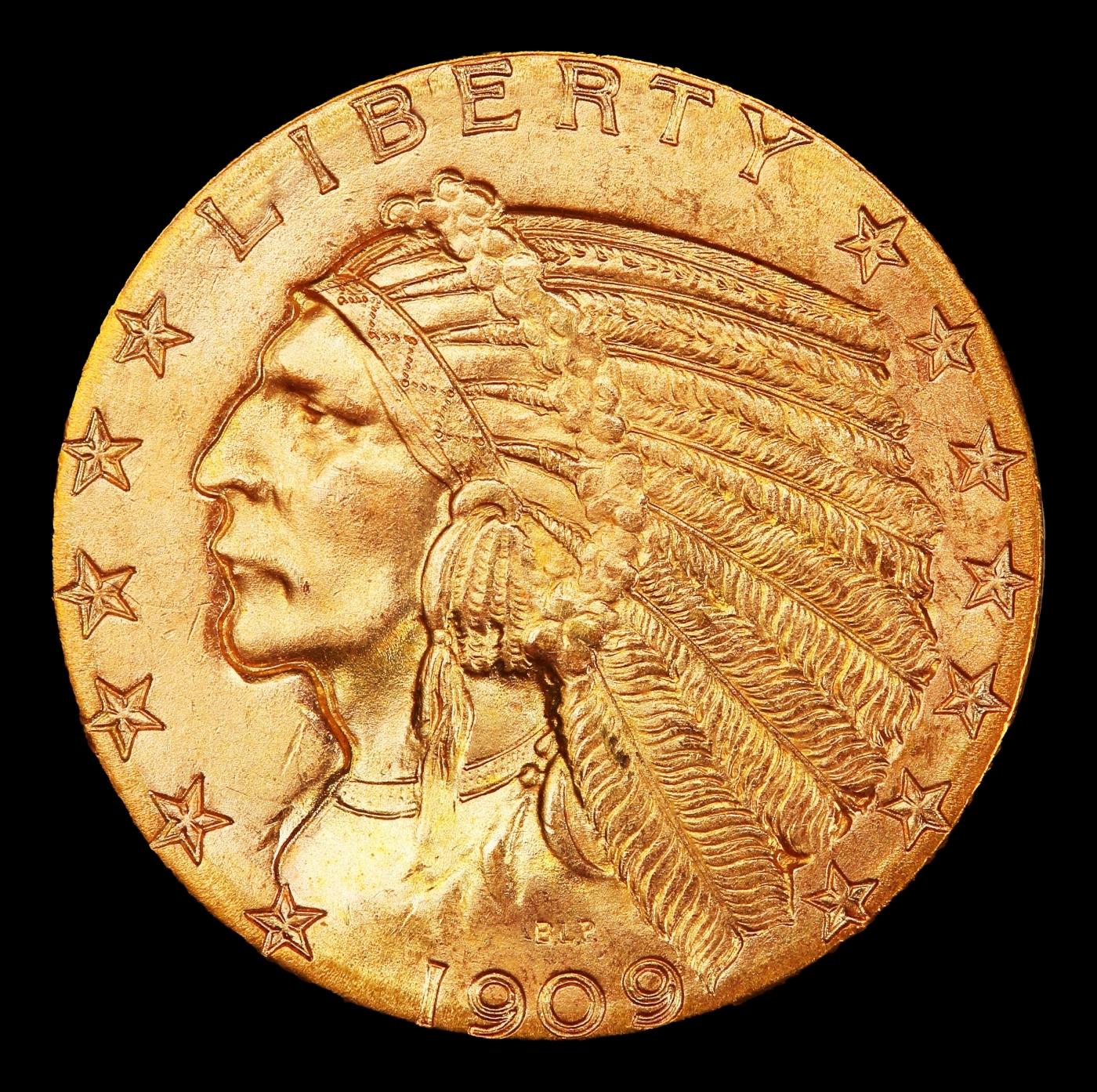 1909-d Gold Indian Half Eagle Near Top Pop! $5 ms65+ USCG