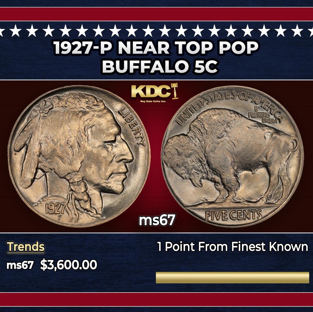 1927-p Buffalo Nickel Near Top Pop 5c ms67 SEGS