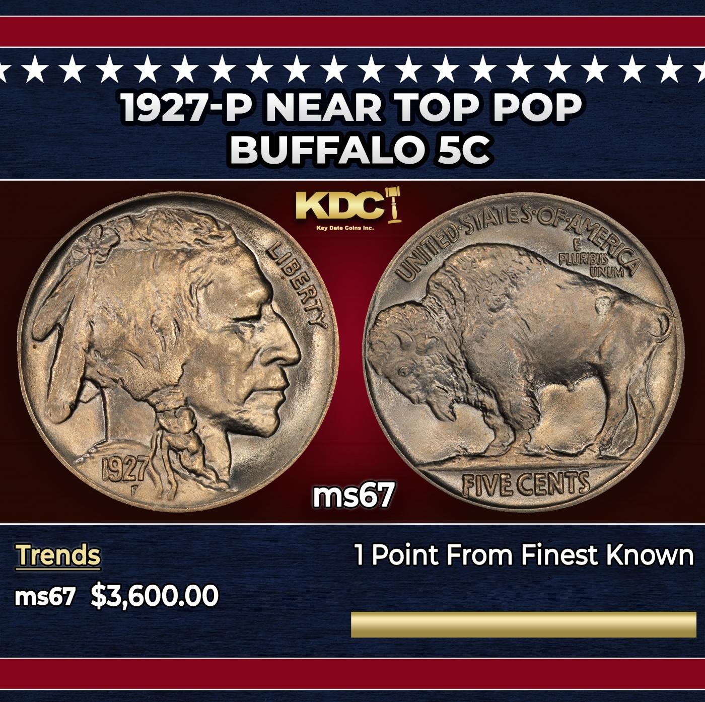 1927-p Buffalo Nickel Near Top Pop 5c ms67 SEGS