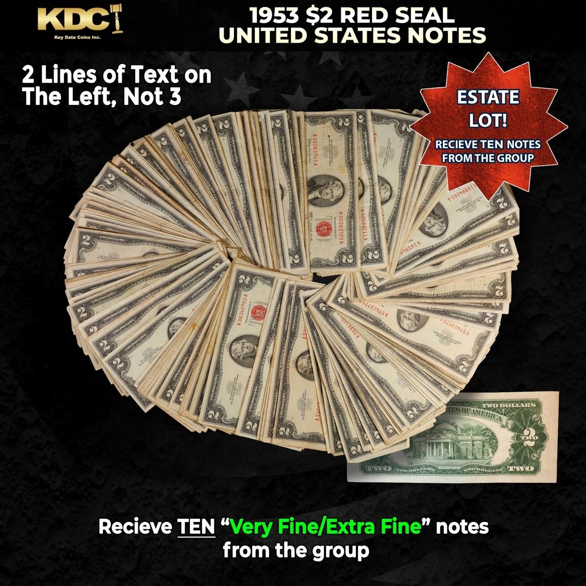 10x 1953 $2 Red Seal United States Note Grades VF/XF