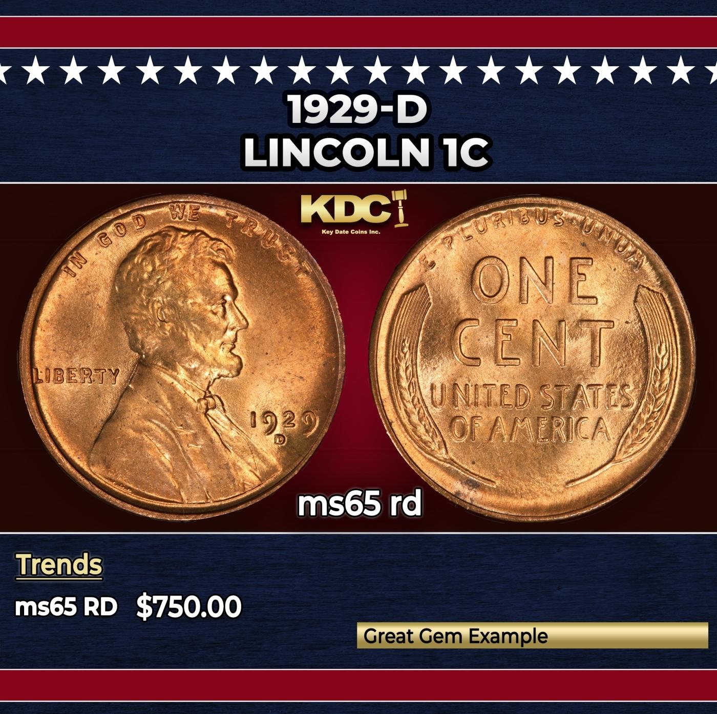 1929-d Lincoln Cent 1c ms65 rd SEGS