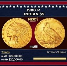 1908-p Gold Indian Half Eagle $5 ms66 USCG