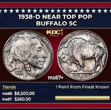 1938-d Buffalo Nickel Near Top Pop 5c ms67+ SEGS