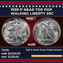 1939-p Walking Liberty Half Dollar Near Top Pop 50c ms68 SEGS