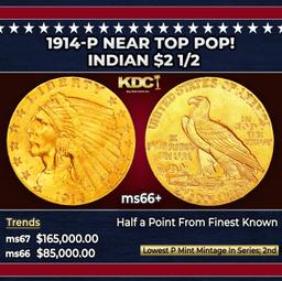 1914-p Gold Indian Quarter Eagle Near Top Pop! $2 1/2 ms66+ USCG