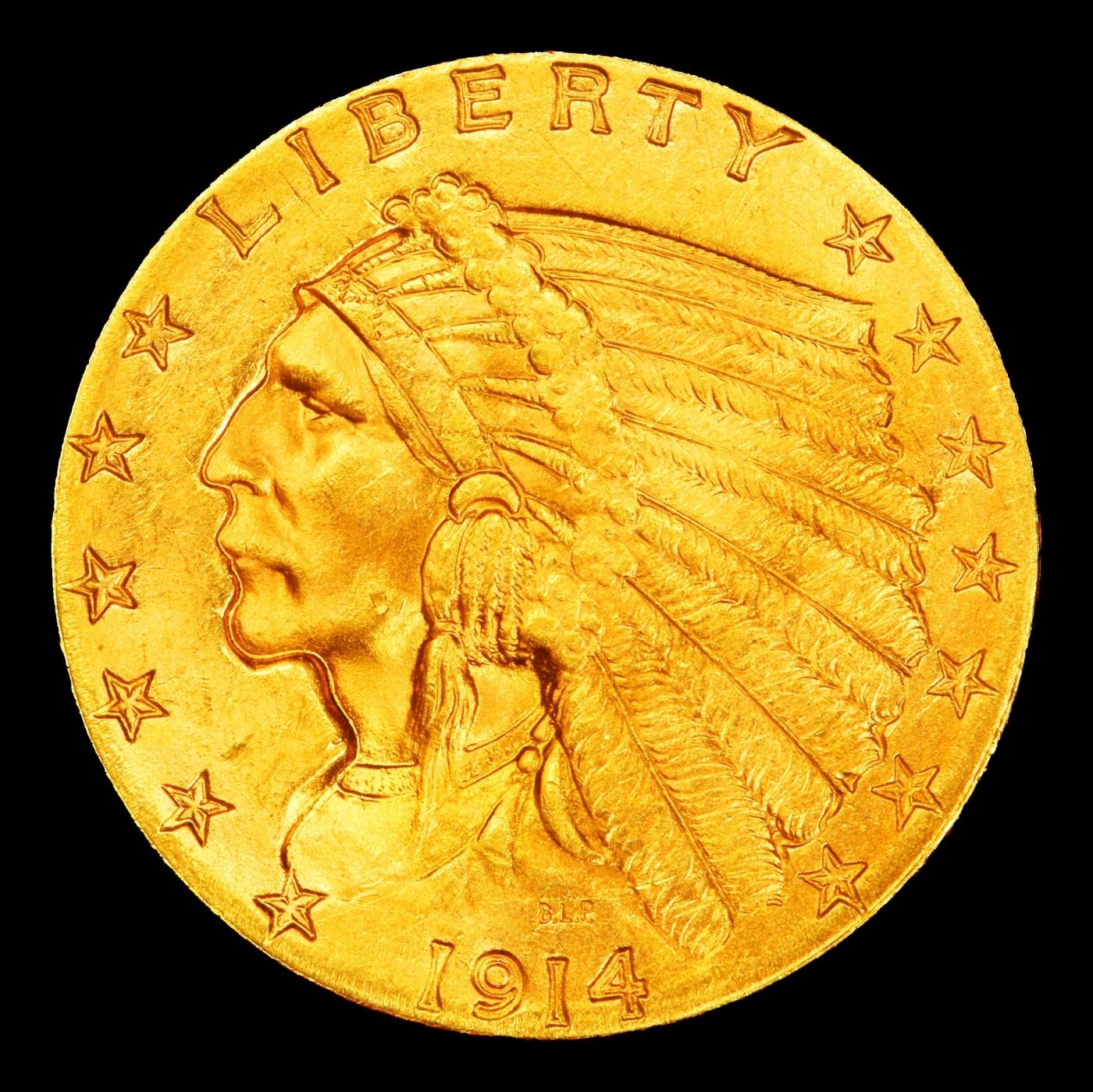 1914-p Gold Indian Quarter Eagle Near Top Pop! $2 1/2 ms66+ USCG