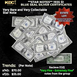 5x **STAR NOTES** 1935 $1 Blue Seal Silver Certificates Grades VF/XF