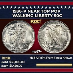 1936-p Walking Liberty Half Dollar Near Top Pop 50c ms67+ SEGS