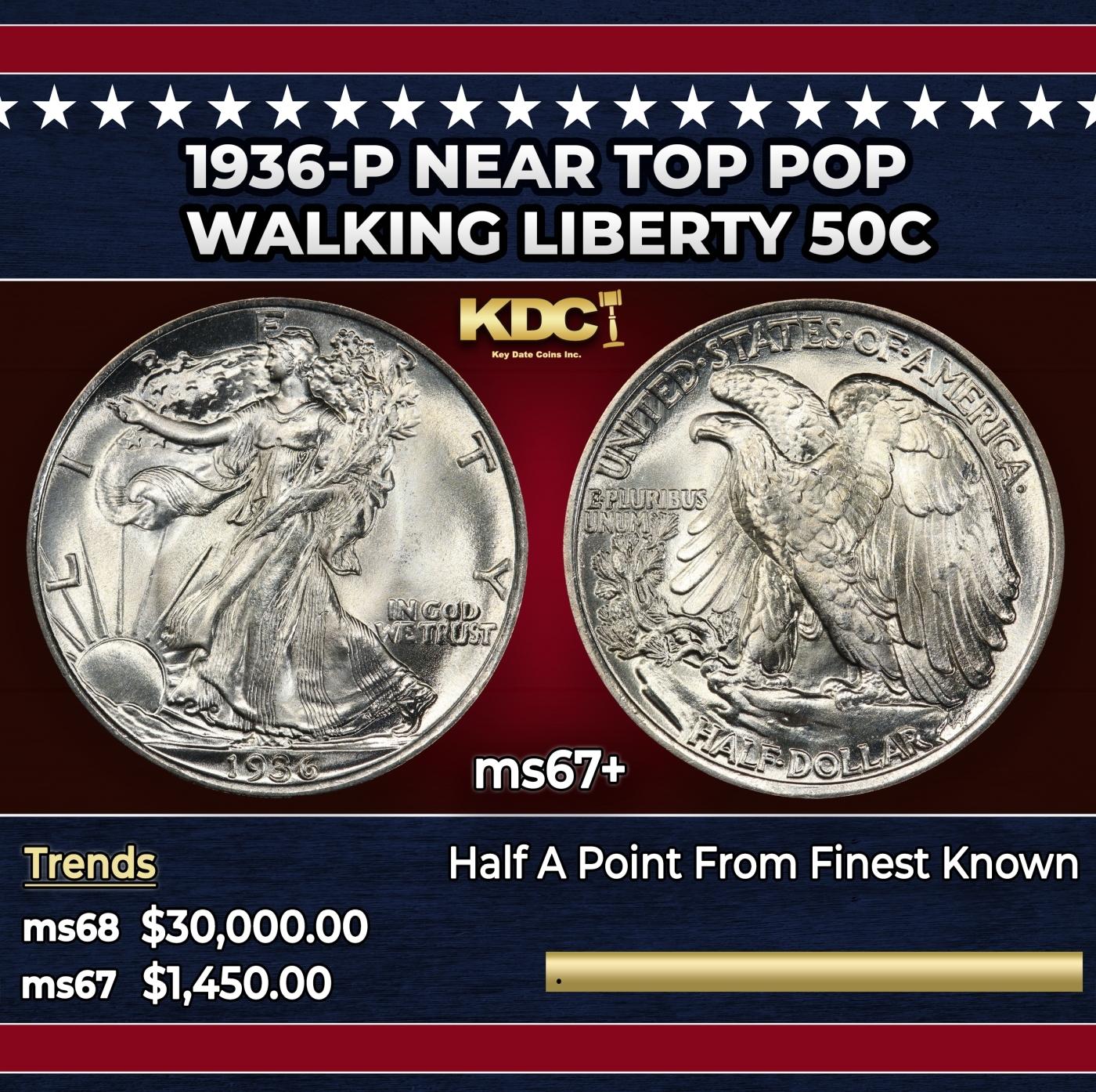 1936-p Walking Liberty Half Dollar Near Top Pop 50c ms67+ SEGS