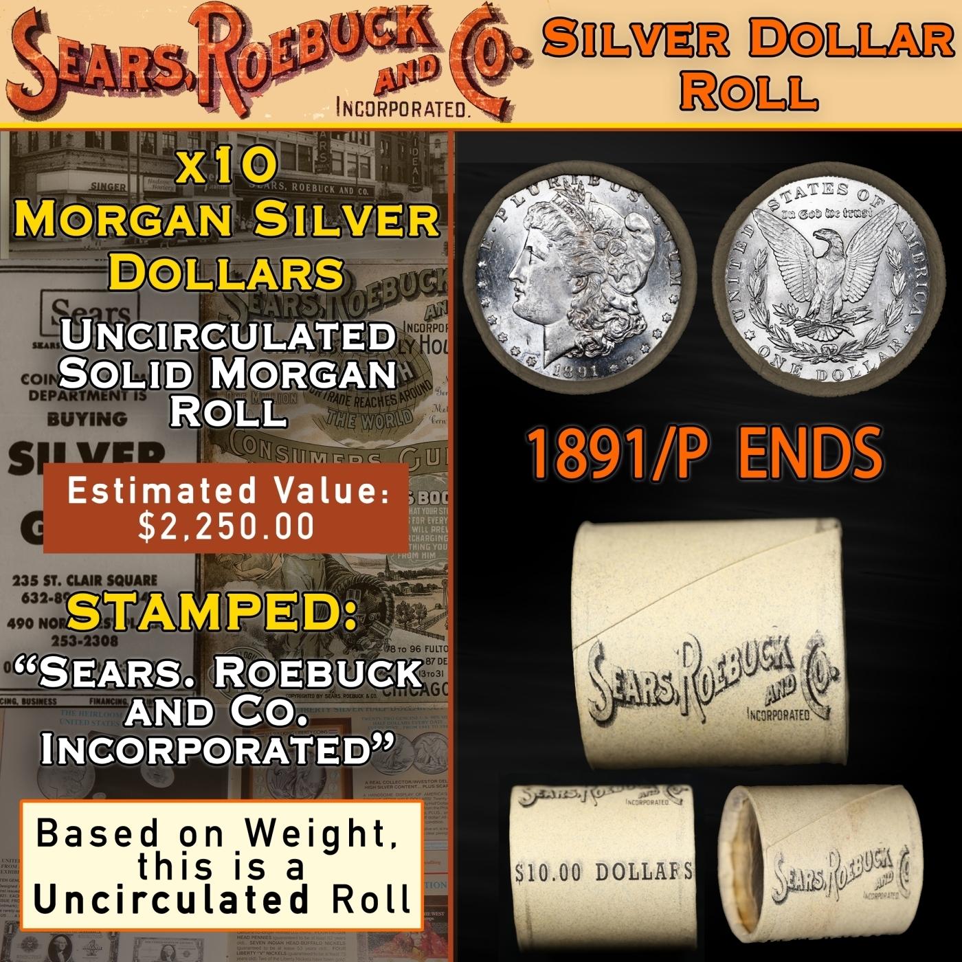 C- Morgan Dollar Roll From SEARS 10 Coin Rare UNC 1891/'P' Rev Ends