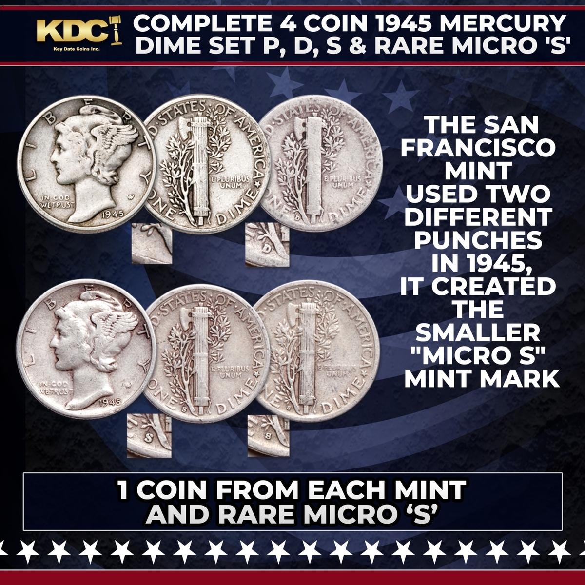 Complete 4 Coin 1945 Mercury Dime Set P, D, S & Rare Micro 'S'