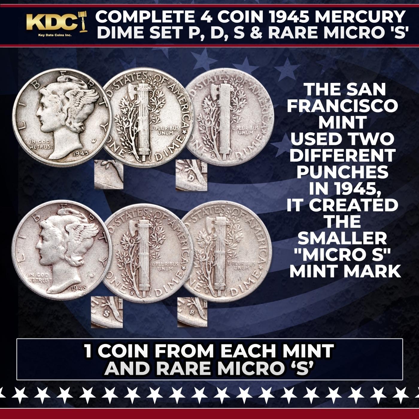 Complete 4 Coin 1945 Mercury Dime Set P, D, S & Rare Micro 'S'