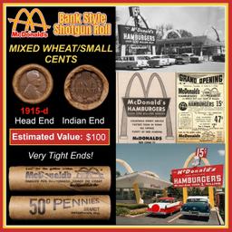 Lincoln Wheat Cent 1c Mixed Roll Orig Brandt McDonalds Wrapper, 1915-d end, Indian other end
