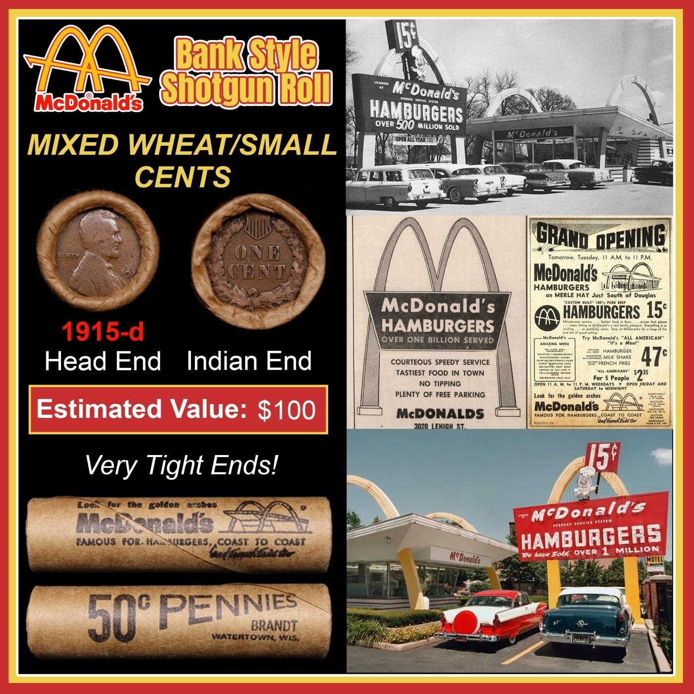 Lincoln Wheat Cent 1c Mixed Roll Orig Brandt McDonalds Wrapper, 1915-d end, Indian other end