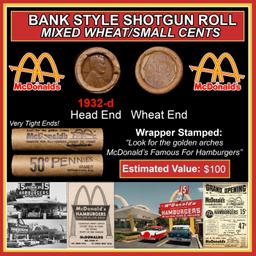Lincoln Wheat Cent 1c Mixed Roll Orig Brandt McDonalds Wrapper, 1932-d end, Wheat other end
