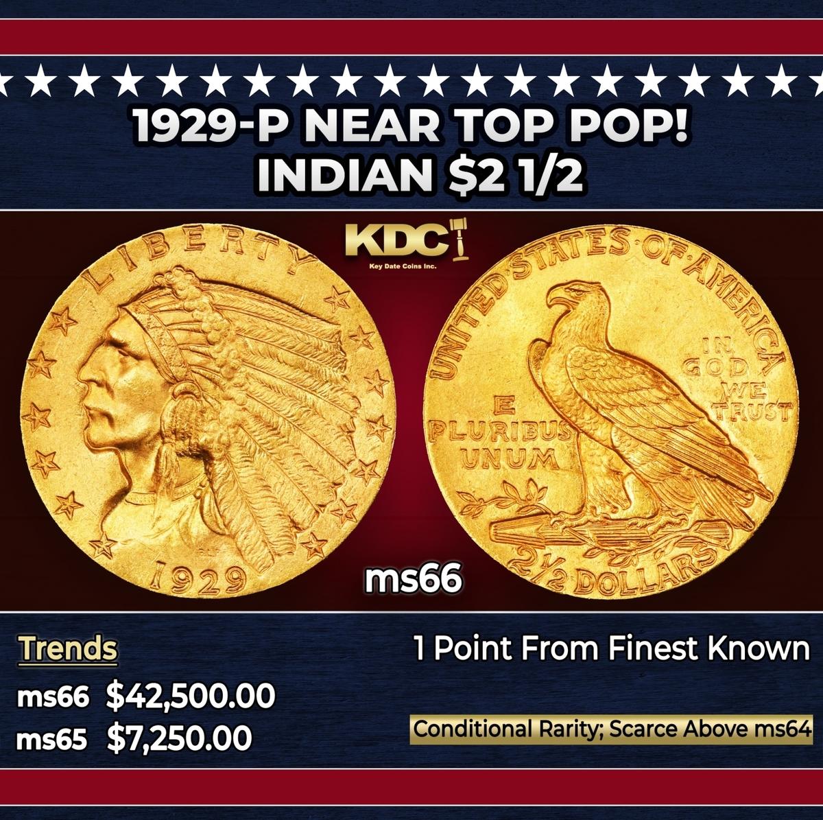 1929-p Gold Indian Quarter Eagle Near Top Pop! $2 1/2 ms66 SEGS