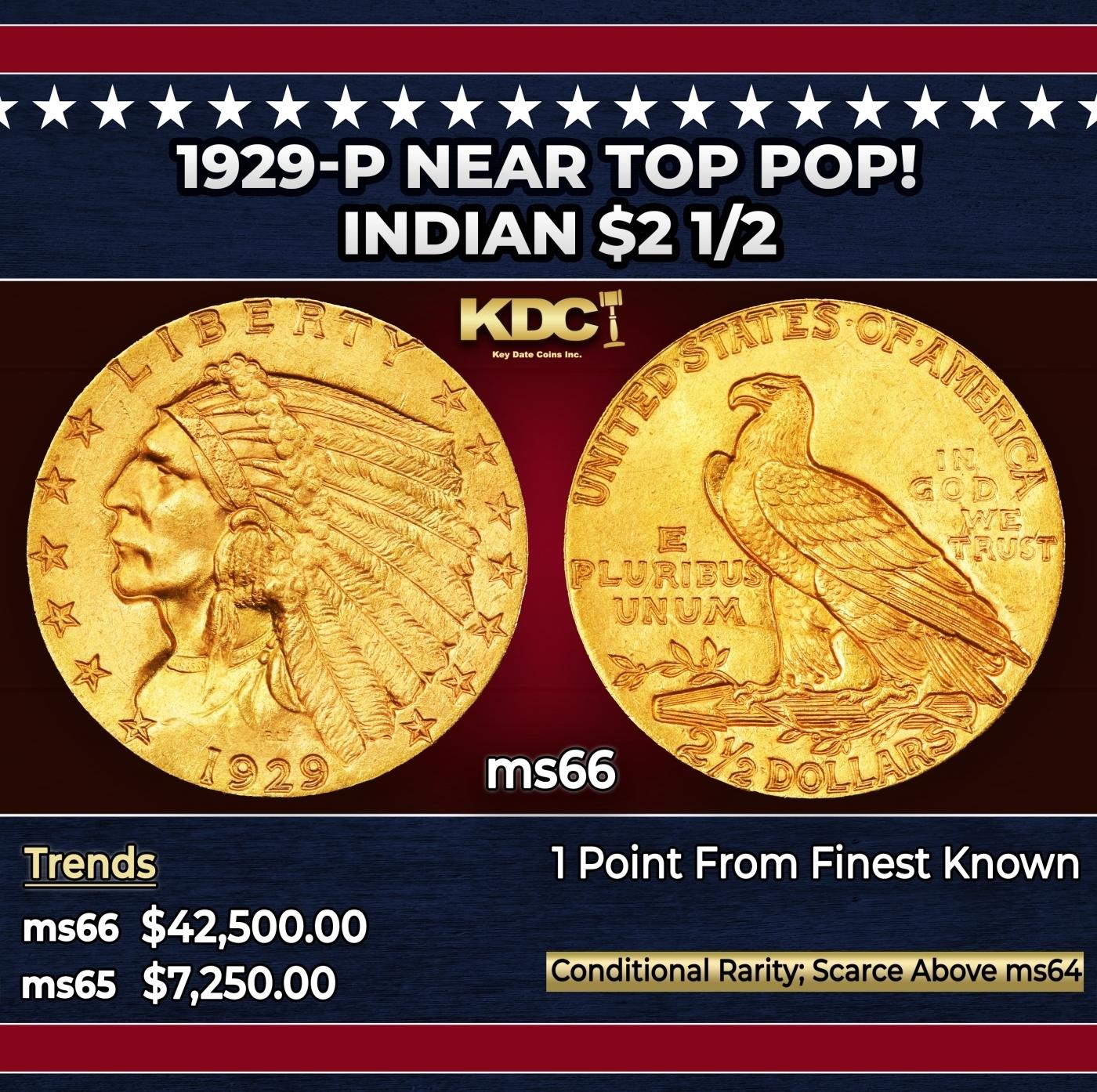 1929-p Gold Indian Quarter Eagle Near Top Pop! $2 1/2 ms66 SEGS