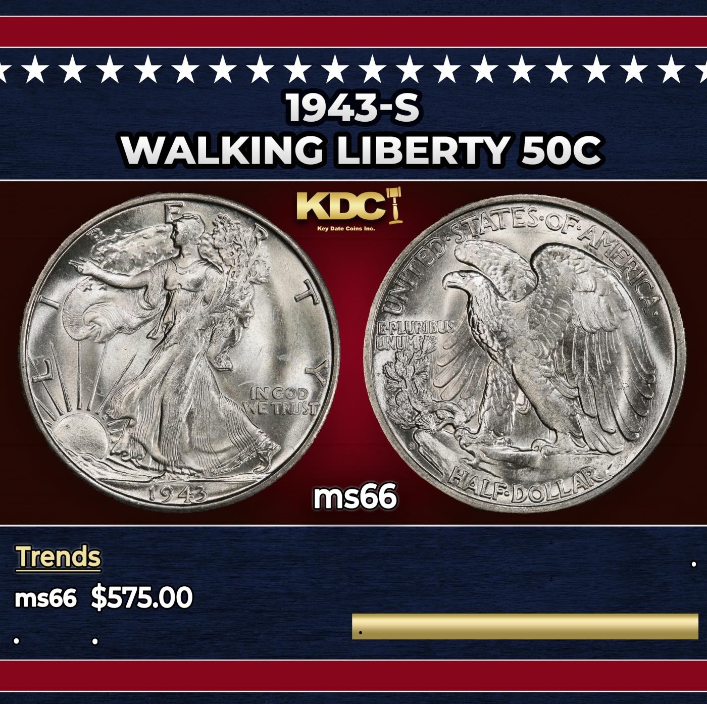 1943-s Walking Liberty Half Dollar 50c Grades ms66