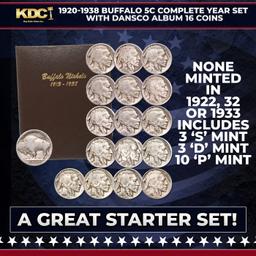 1920-1938 Buffalo Nickel Complete Year Set with Dansco Album 16 Coins, A Great Starter Set!