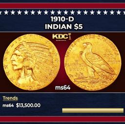 1910-d Gold Indian Half Eagle $5 ms64 USCG