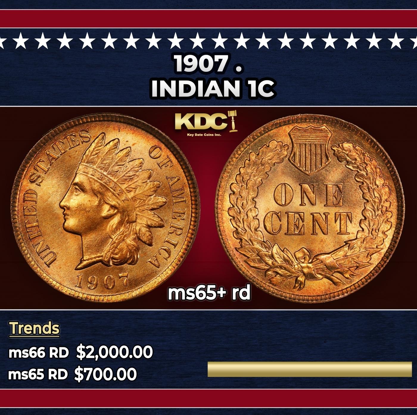 1907 Indian Cent . 1c ms65+ rd SEGS