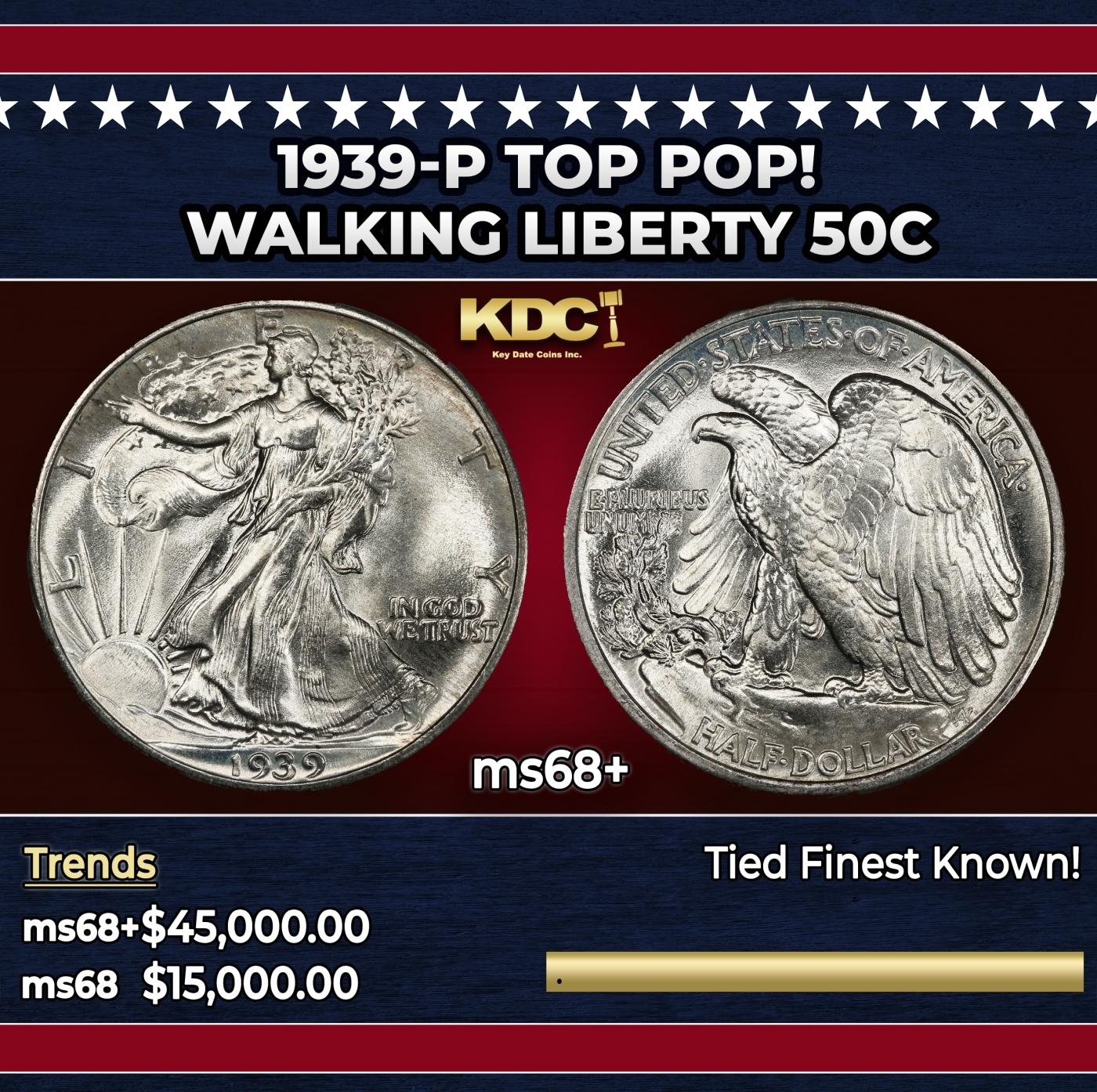 1939-p Walking Liberty Half Dollar TOP POP! 50c ms68+ SEGS